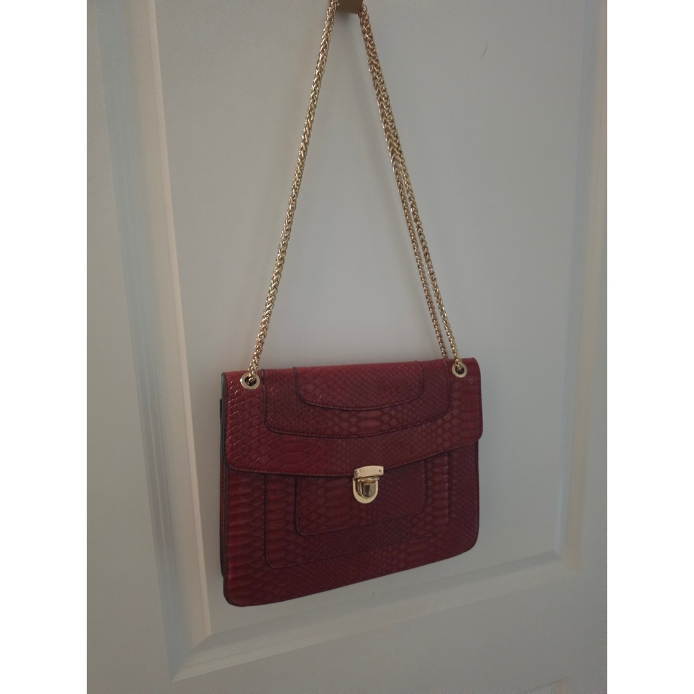 VEGAN Red Faux Snakeskin Chain Strap Crossbody Bag Gold Hardware Flap Turn Lock